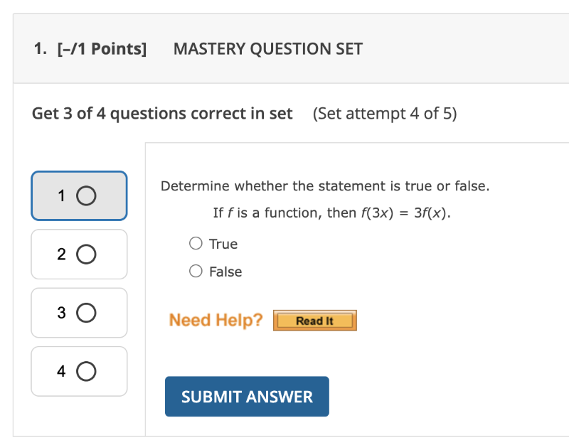A mastery set in an assignment with 3 questions.
